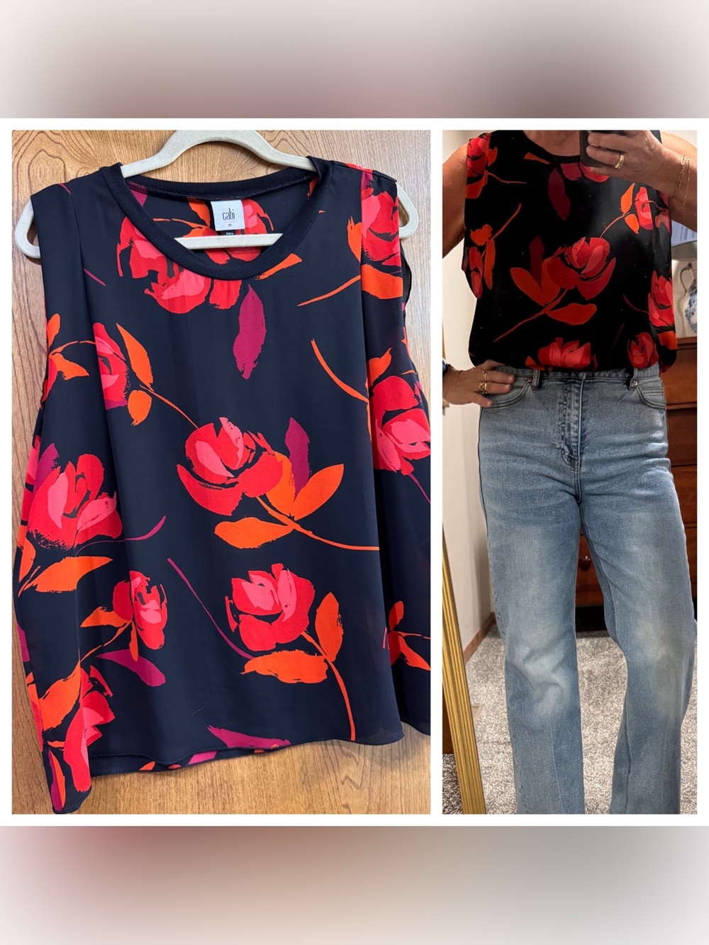 CAbi Black Top with Red, Pink & Orange Floral Print